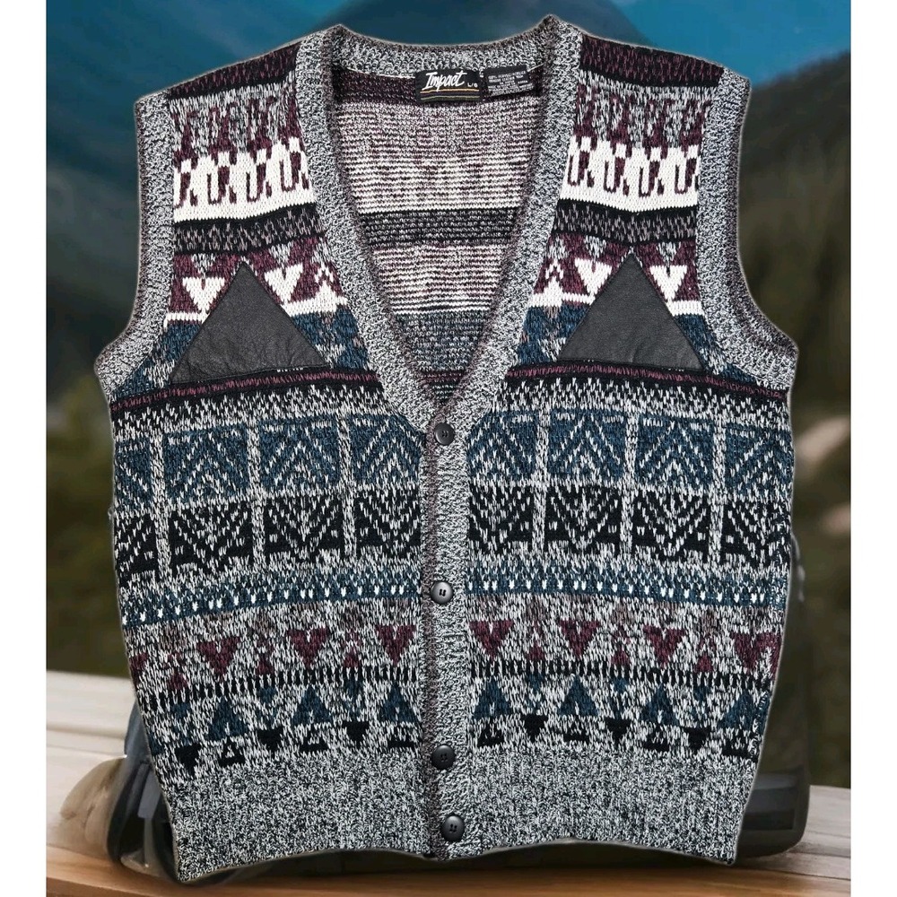 Vintage Impact Cardigan Vest Men's‎ Multicolored Large L With Leather Trim